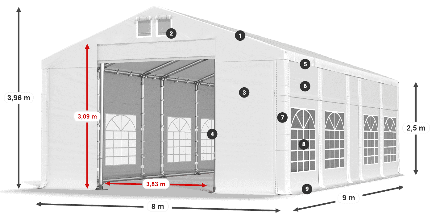 Střecha: MS 580 PVC Stěny: FR 620 PVC 2,5 m legenda