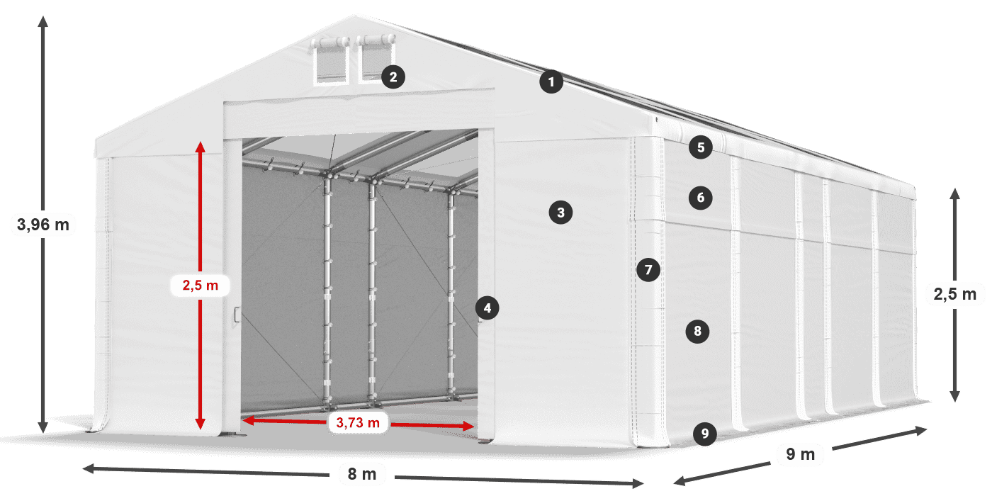 Střecha: MS T 580 PVC Stěny: FR 620 PVC 2,5 m legenda