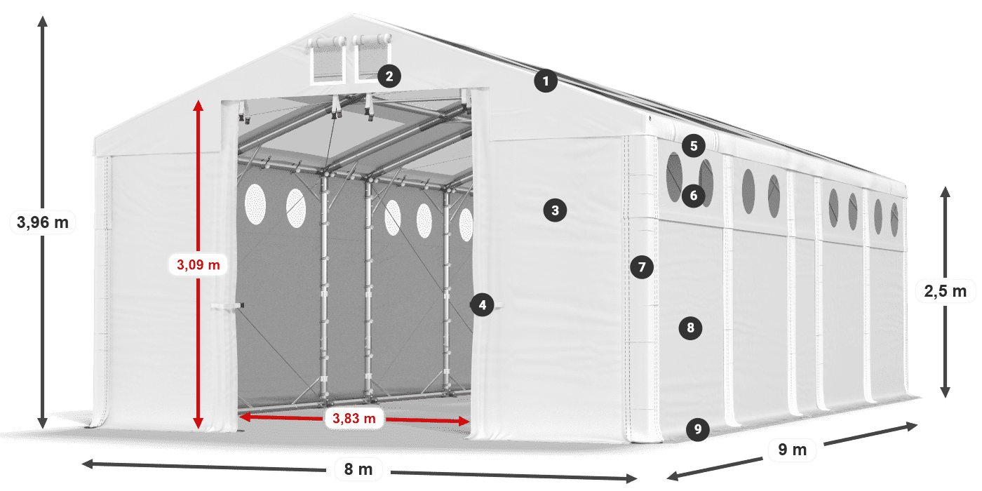 Střecha: MS T 580 PVC Stěny: MS O 580 PVC 2,5 m legenda