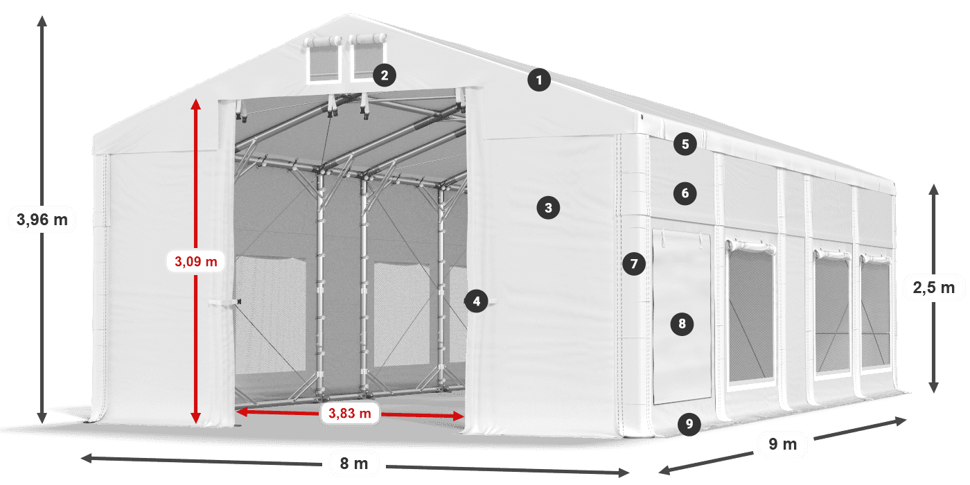Střecha: MS 580 PVC Stěny: SD M 500 PVC 2,5 m legenda