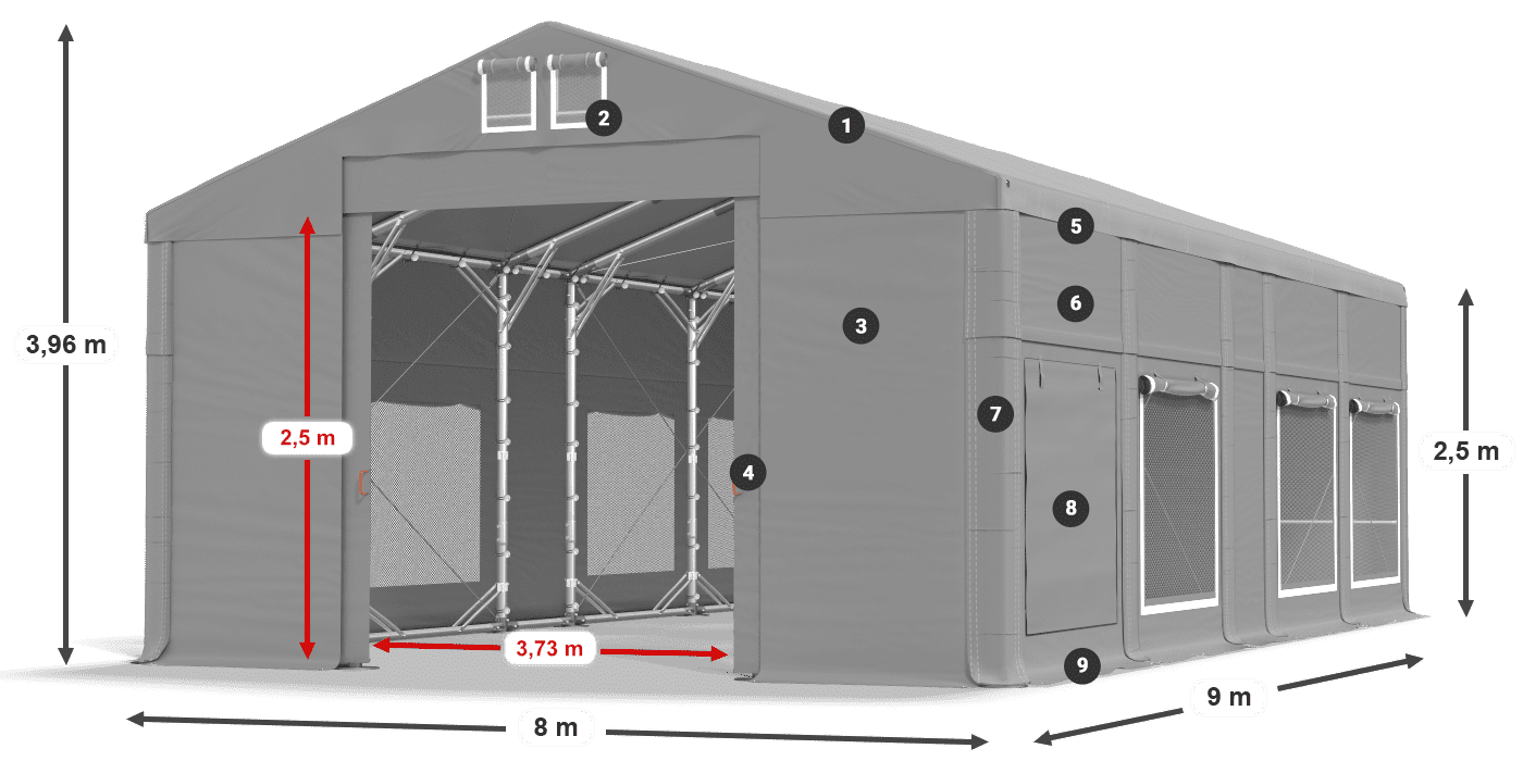 Střecha: MS 580 PVC Stěny: SD M 500 PVC 2,5 m legenda