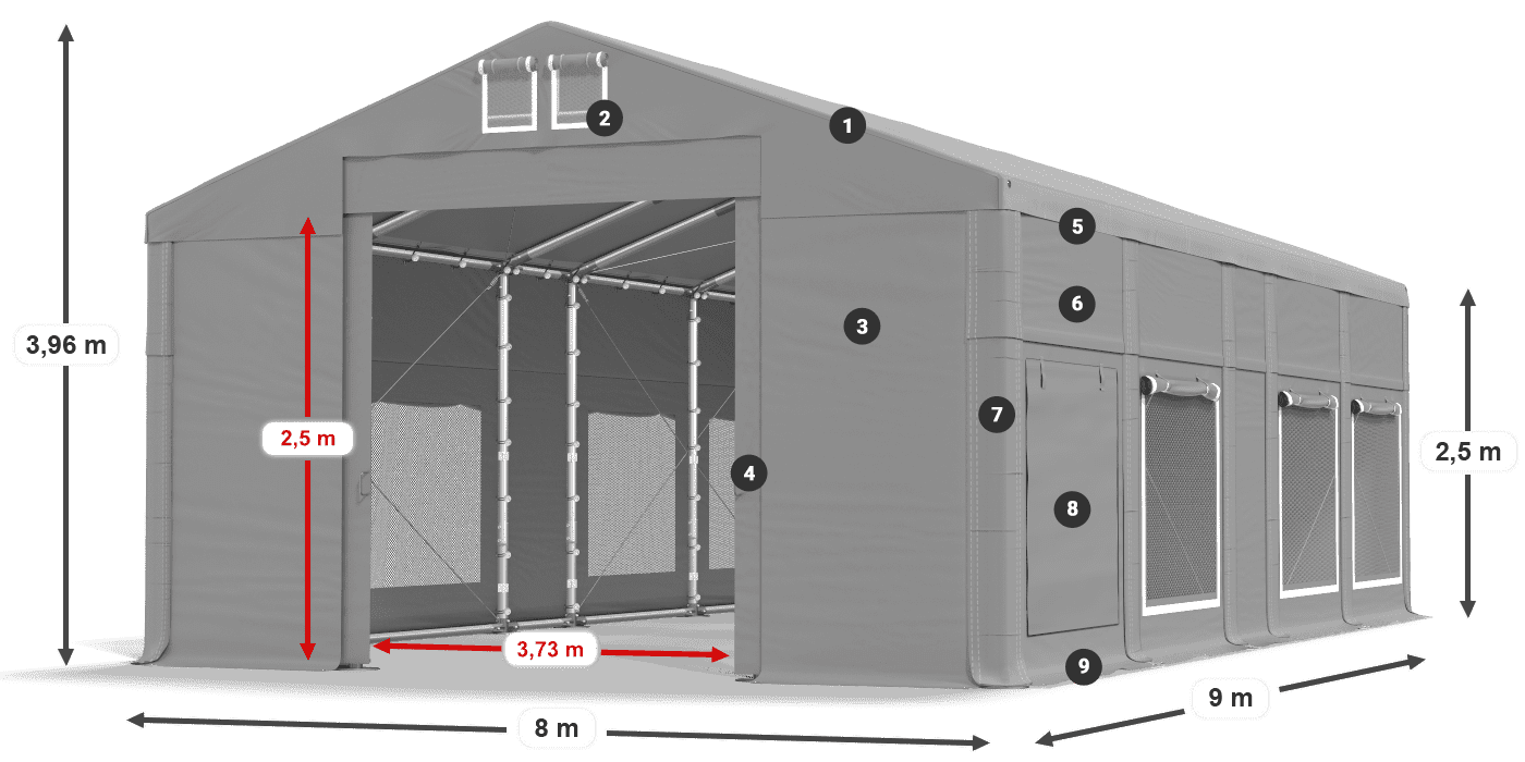 Střecha: MS 580 PVC Stěny: SD M 500 PVC 2,5 m legenda
