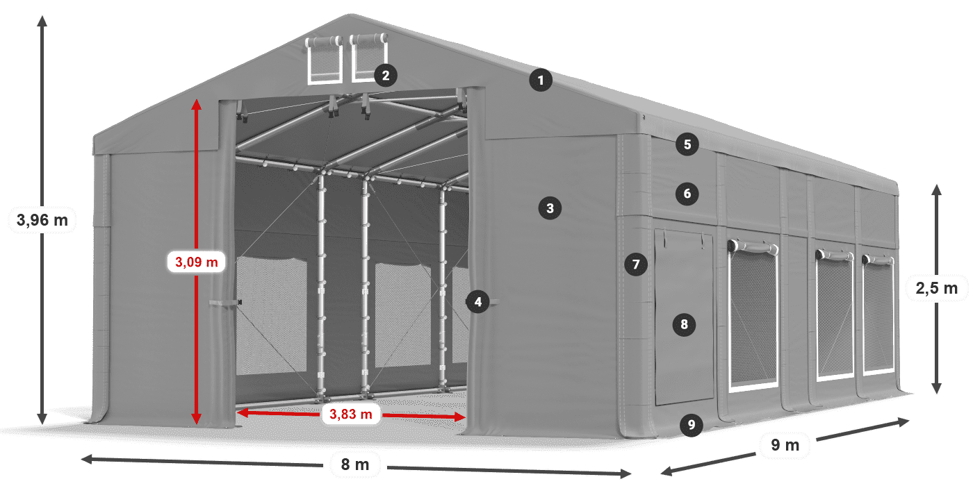 Střecha: MS 580 PVC Stěny: SD M 500 PVC 2,5 m legenda