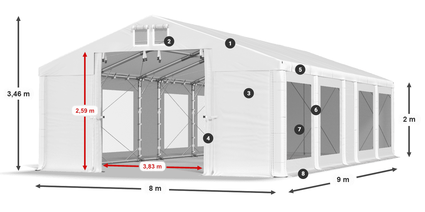 Střecha: FR 620 PVC Stěny: MS 580 PVC 2m legenda
