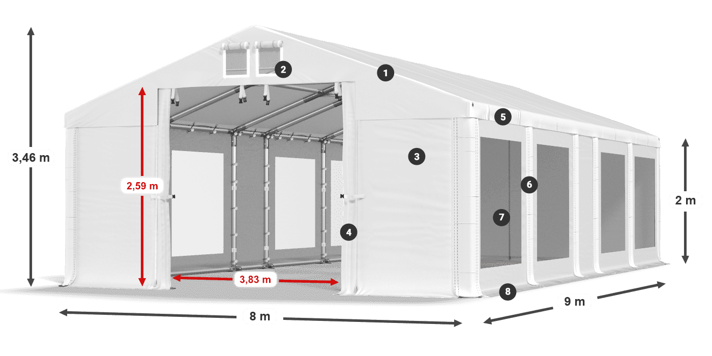 Střecha: FR 620 PVC Stěny: MS 580 PVC 2m legenda