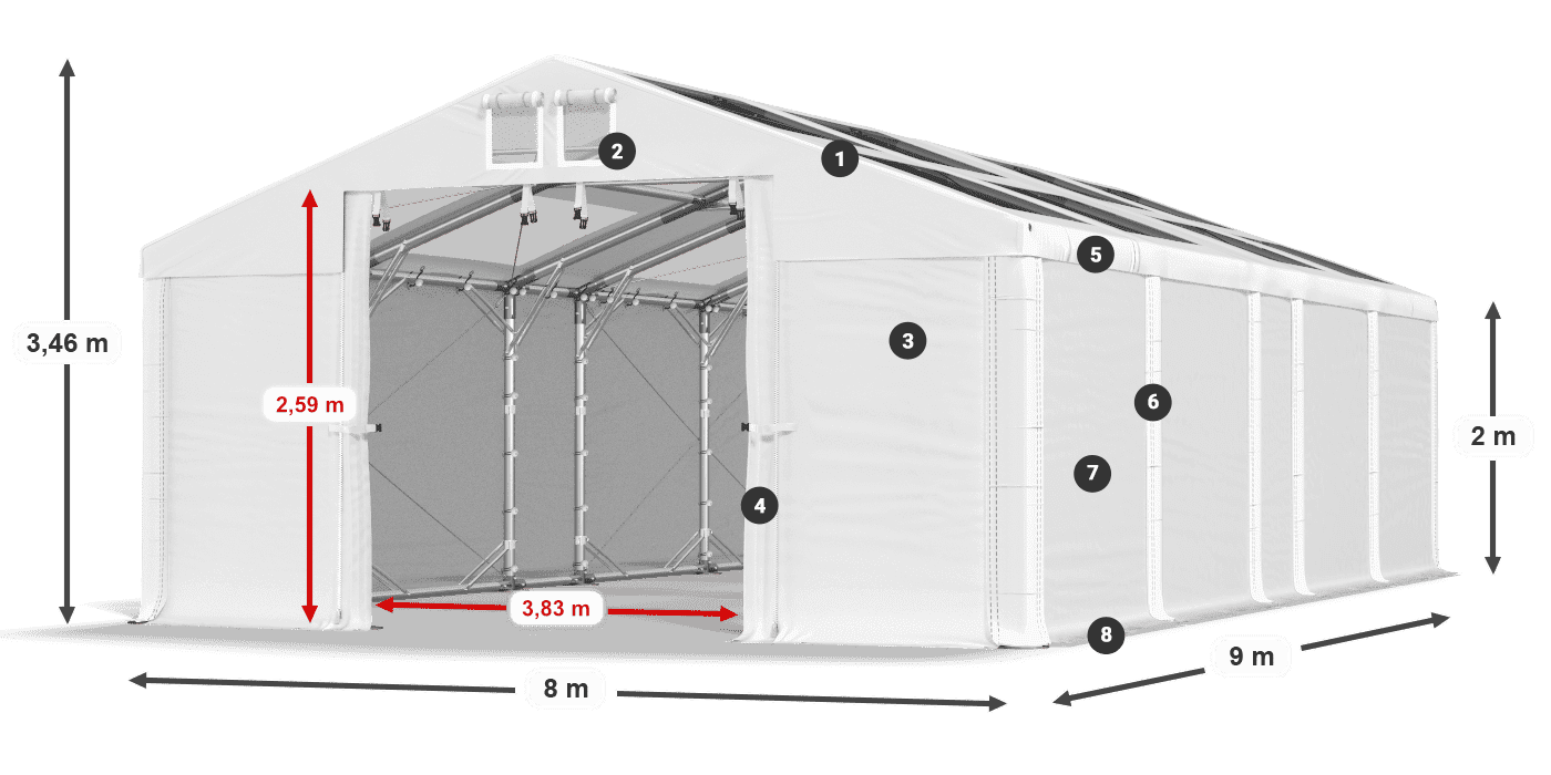 Střecha: MS T 580 PVC Stěny: FR 620 PVC 2m legenda