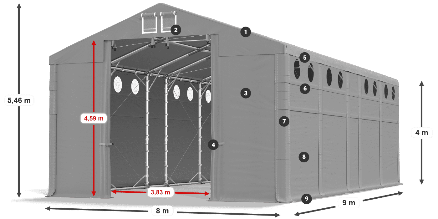 Střecha: FR 620 PVC Stěny: SD O 500 PVC 4m legenda