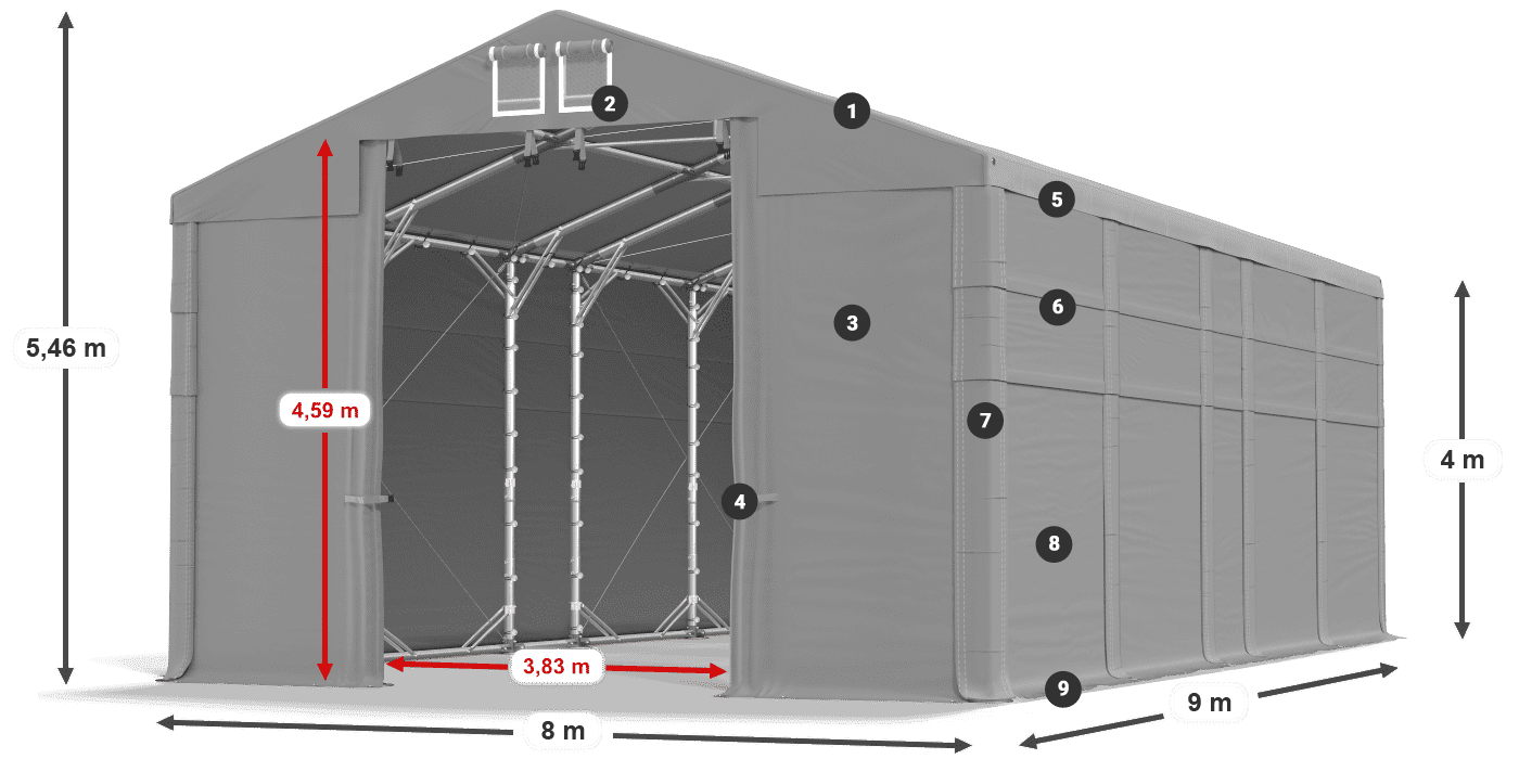 Střecha: FR 620 PVC Stěny: SD 500 PVC 4m legenda