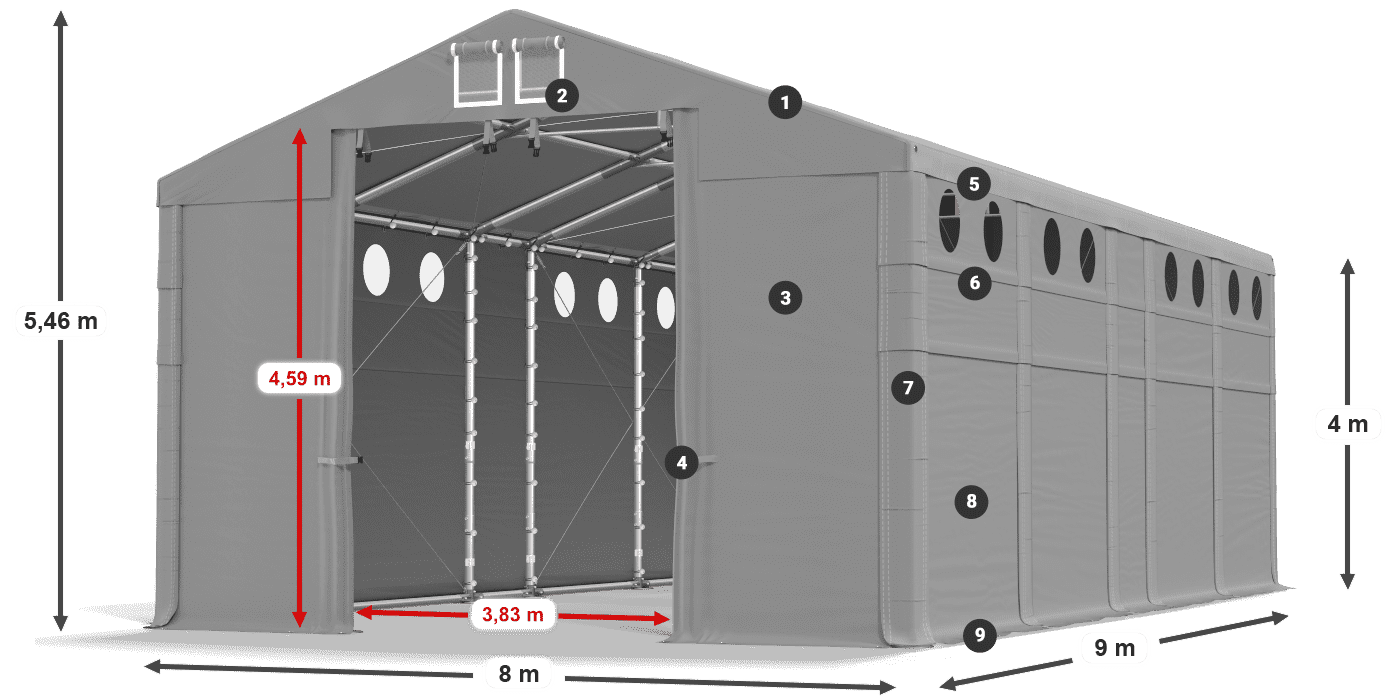 Střecha: FR 620 PVC Stěny: SD O 500 PVC 4m legenda