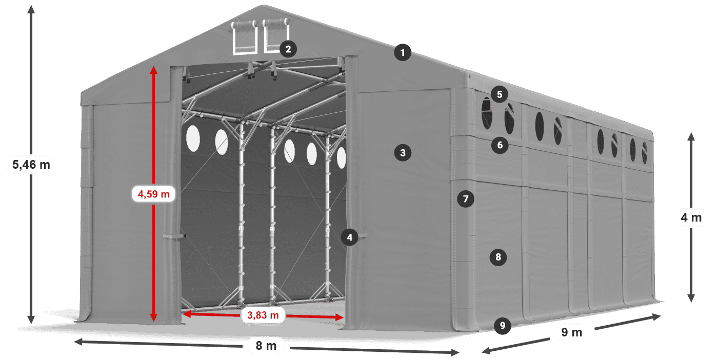 Střecha: MS 580 PVC Stěny: FR O 620 PVC 4m legenda