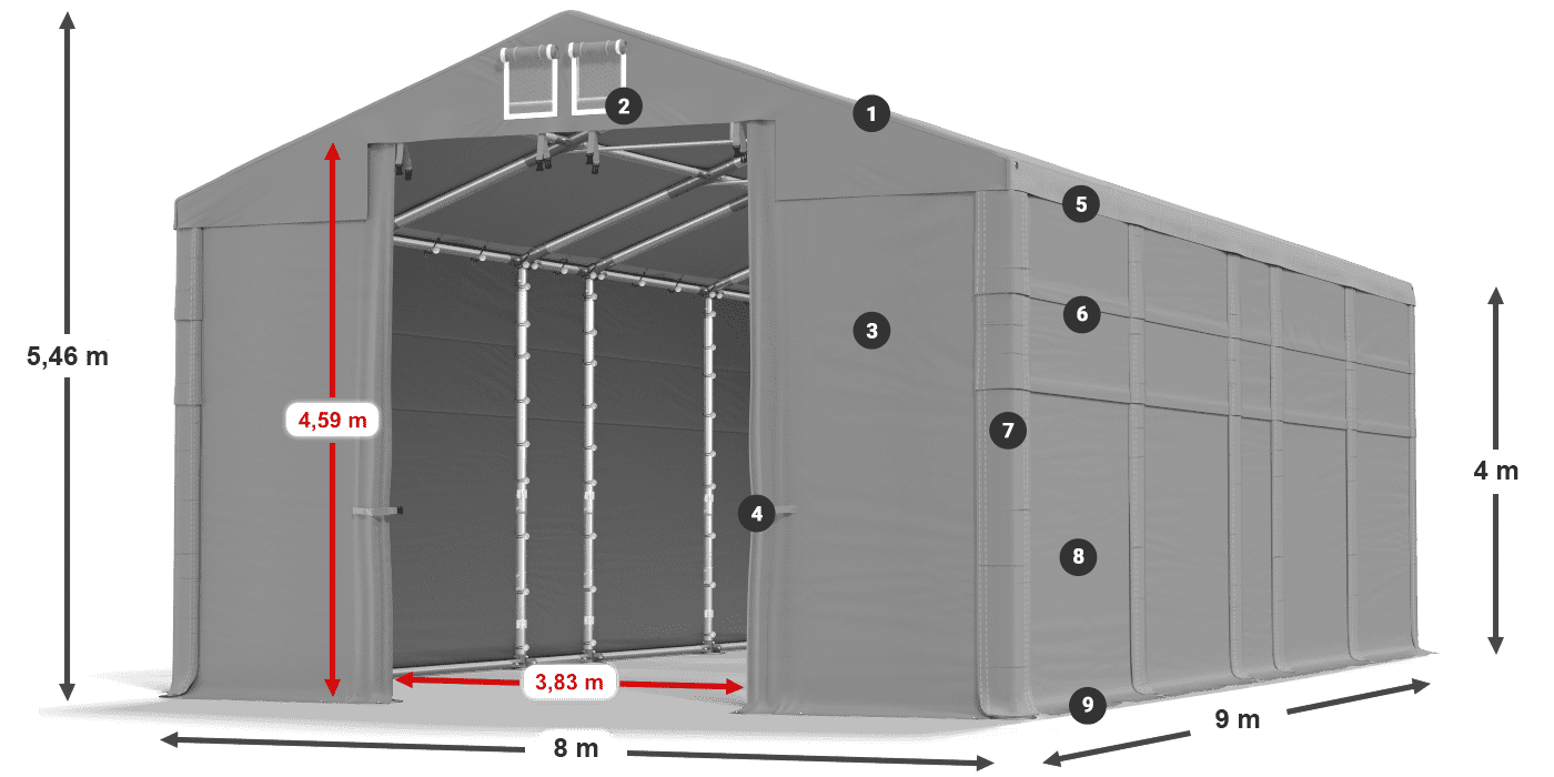 Střecha: MS 580 PVC Stěny: FR 620 PVC 4m legenda