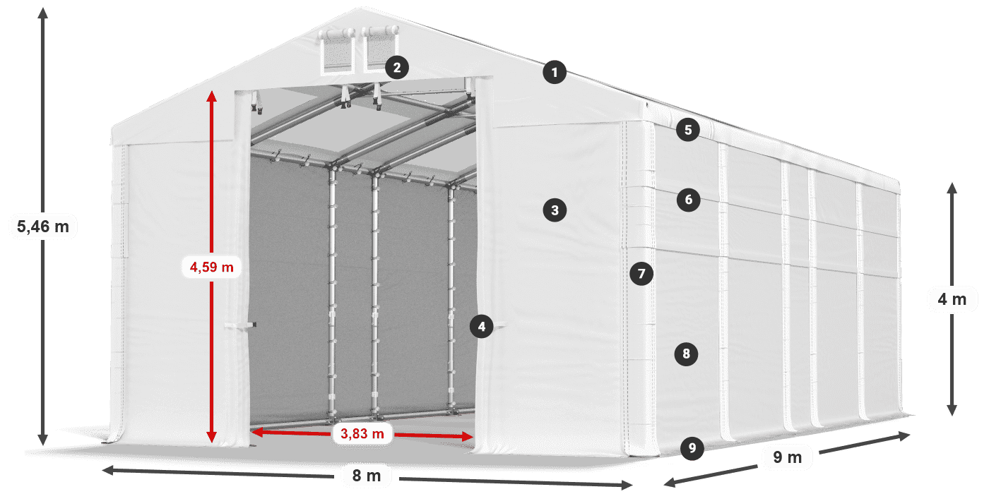 Střecha: MS T 580 PVC Stěny: FR 620 PVC 4m legenda