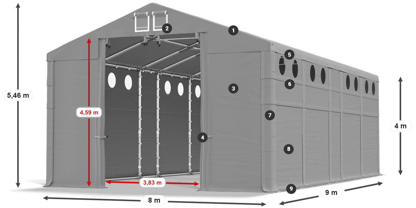 Střecha: MS 580 PVC Stěny: FR O 620 PVC 4m legenda
