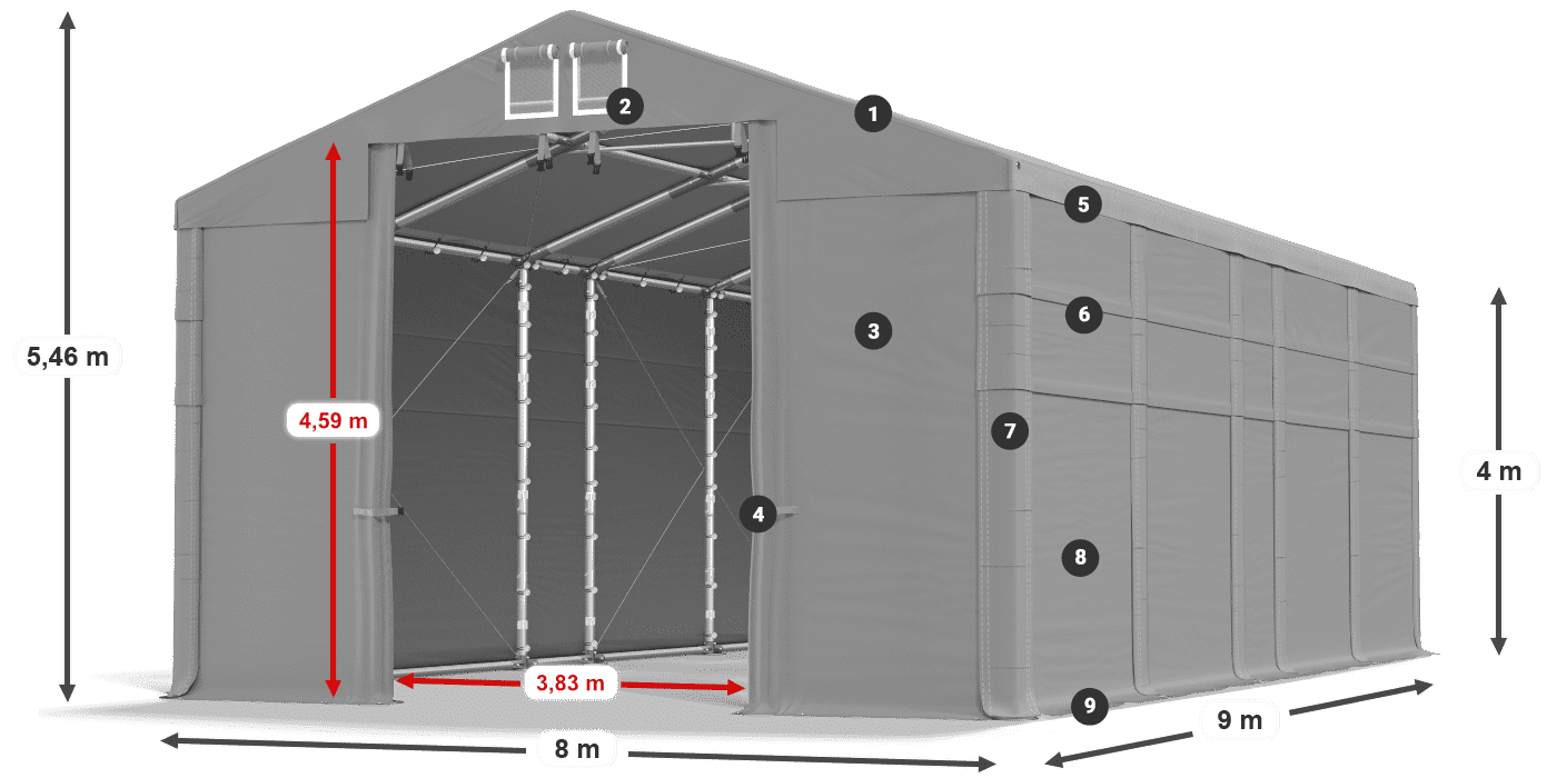 Střecha: MS 580 PVC Stěny: FR 620 PVC 4m legenda