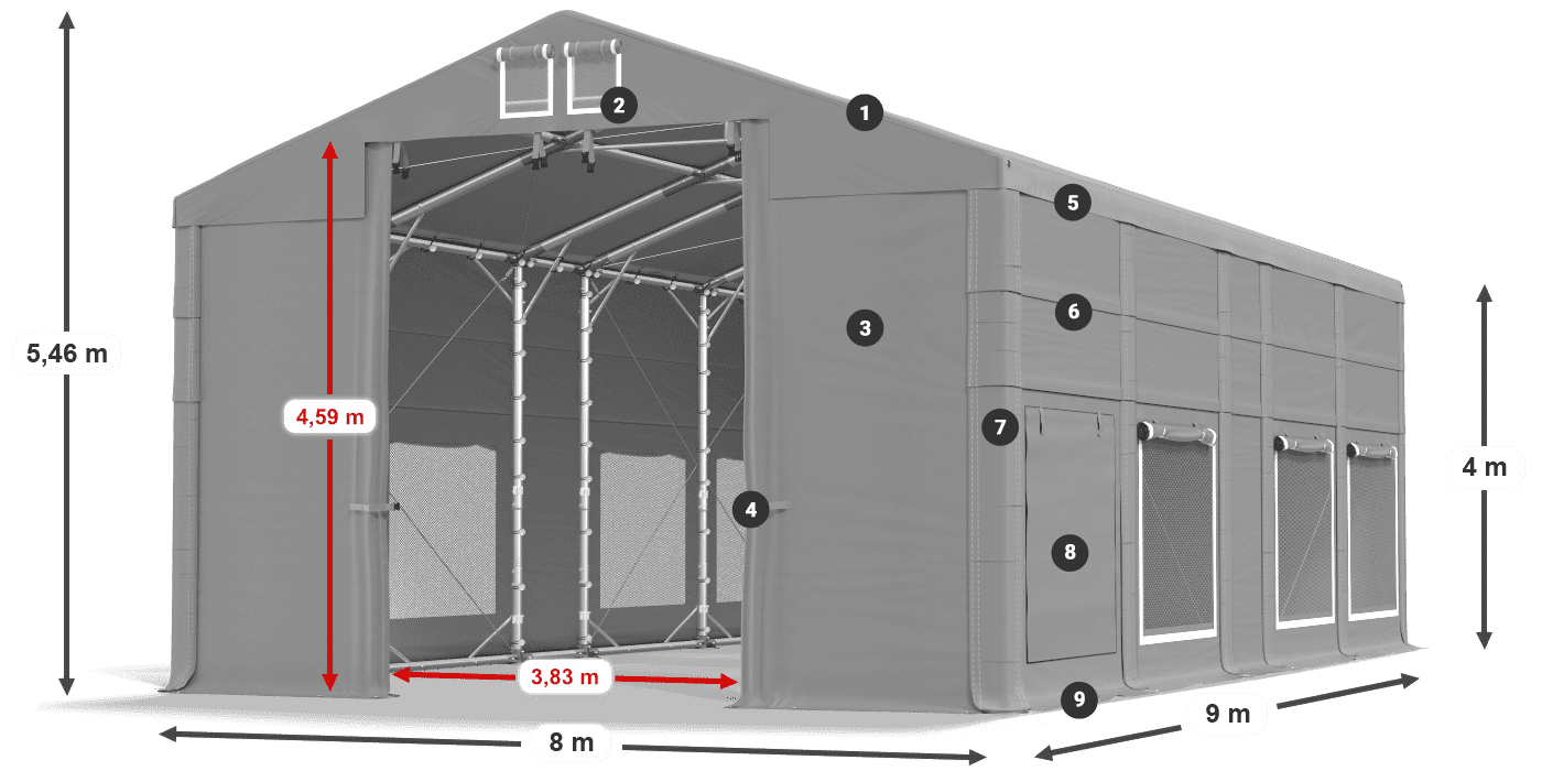 Střecha: MS 580 PVC Stěny: SD M 500 PVC 4m legenda